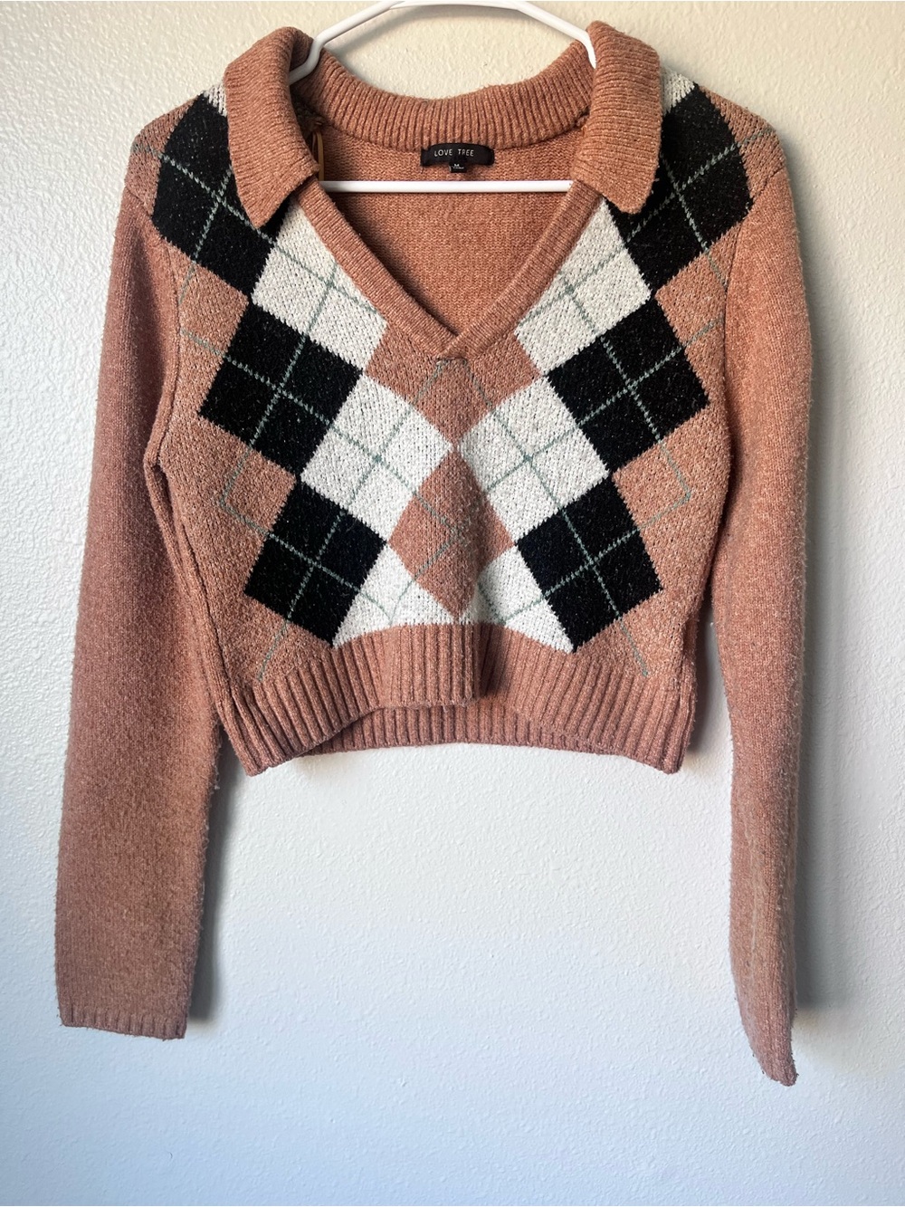 Love Tree Tan Argyle Cropped Collared Sweater